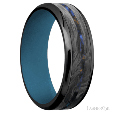 7 mm wide/Beveled/Zirconium band featuring inlays of Forged Carbon Fiber and Blue Tiger Eye also featuring a Royal Blue sleeve.