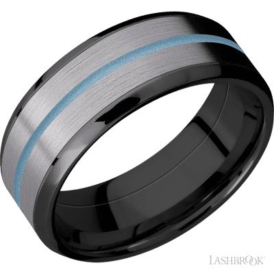 8 mm wide/Beveled/Zirconium band featuring inlays of Tantalum and Polar Blue.