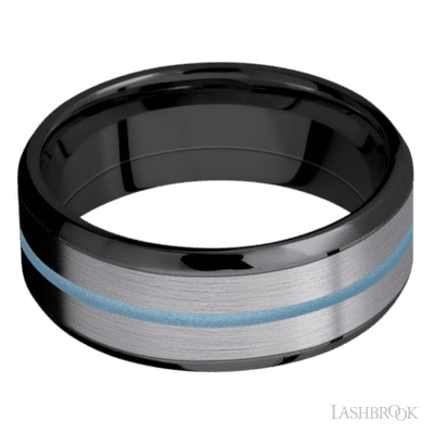 8 mm wide/Beveled/Zirconium band featuring inlays of Tantalum and Polar Blue.